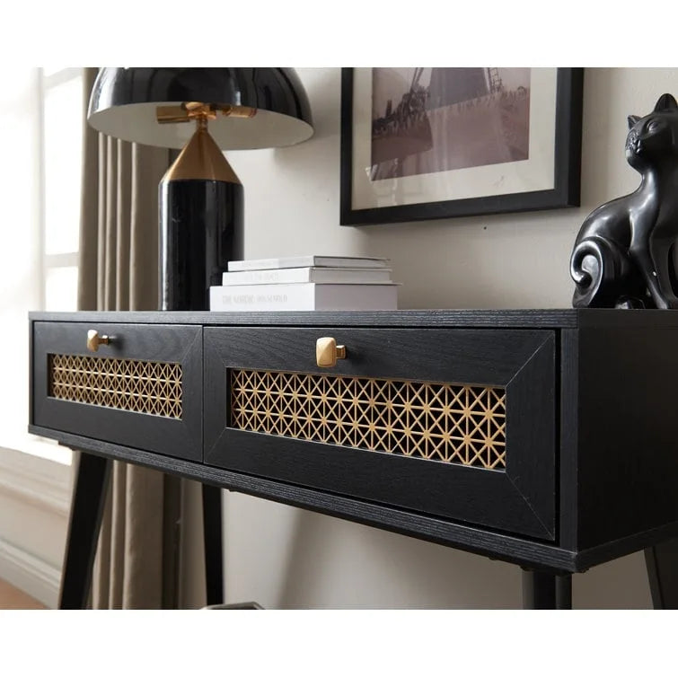 Console 2 tiroirs – Noir / Chêne rustique, structure bois et métal, 1–2 utilisateurs