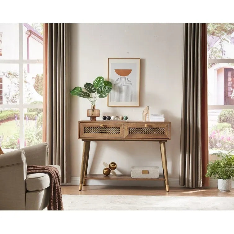 Console 2 tiroirs – Noir / Chêne rustique, structure bois et métal, 1–2 utilisateurs