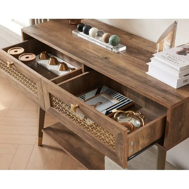 Console 2 tiroirs – Noir / Chêne rustique, structure bois et métal, 1–2 utilisateurs