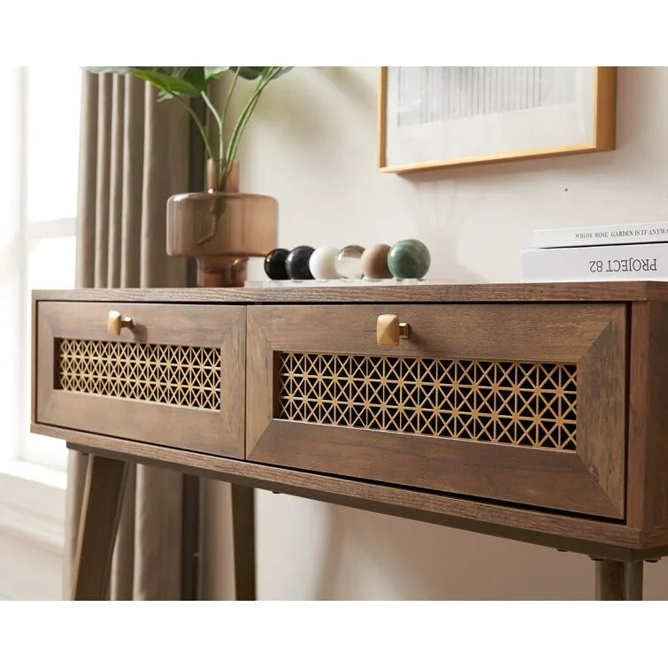 Console 2 tiroirs – Noir / Chêne rustique, structure bois et métal, 1–2 utilisateurs
