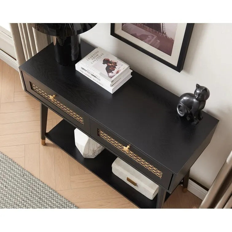 Console 2 tiroirs – Noir / Chêne rustique, structure bois et métal, 1–2 utilisateurs